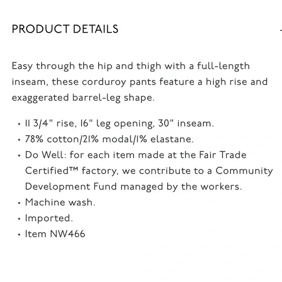 Madewell The Balloon Pant in Corduroy - size 28 - NWT - NW466 - Picture 7 of 7